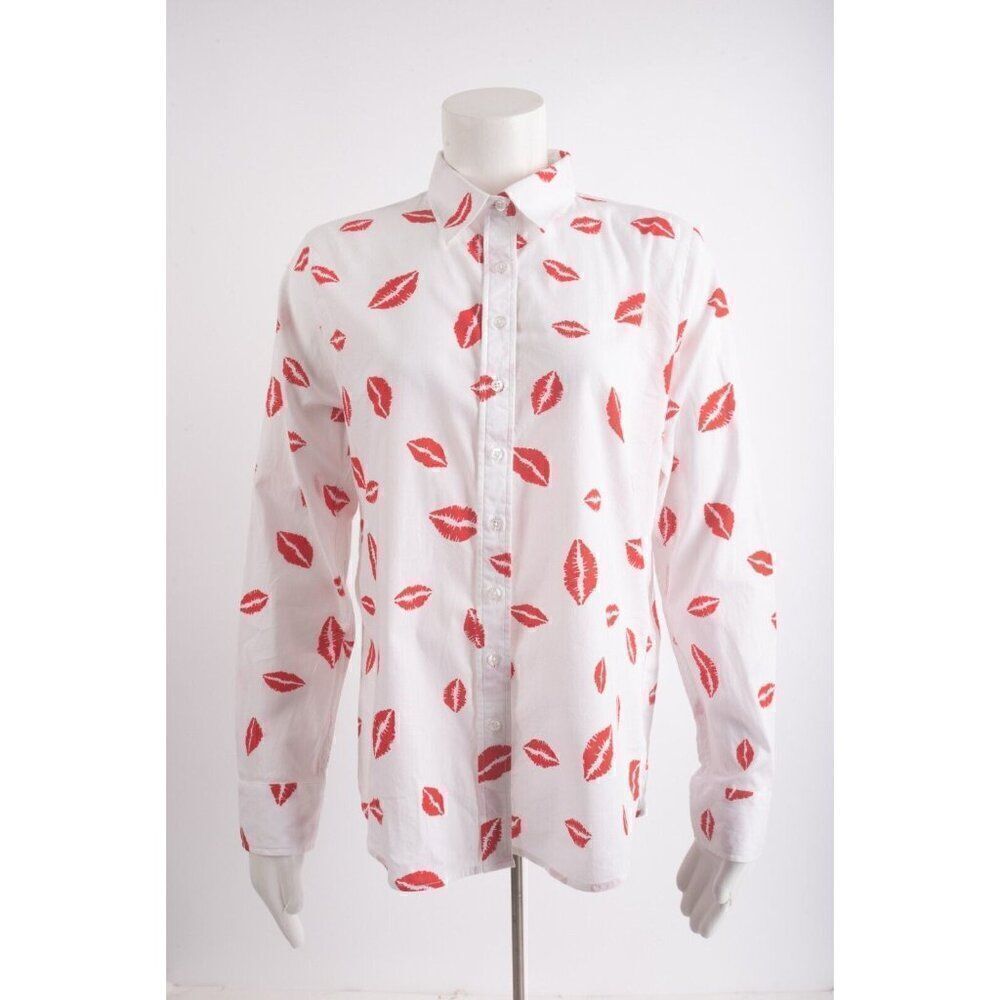 The Shirt Rochelle Behrens Womans Blouse Shirt Top Size L White Red Lips